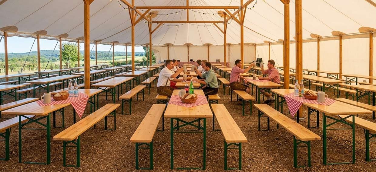 ensemble tables et bancs pliants brasserie bavière sous chapiteau