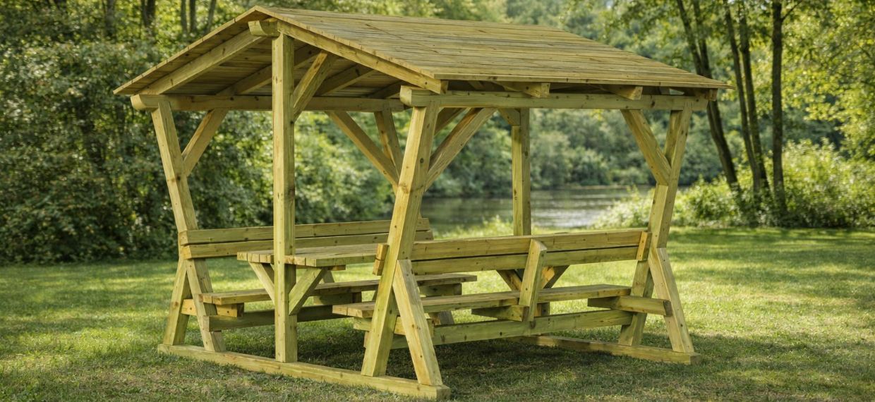 table pique nique en bois avec toit