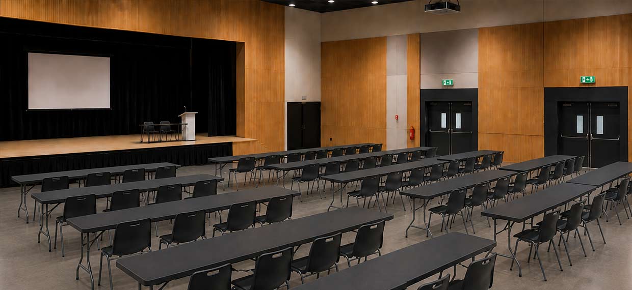 tables et chaises dans une salle de conférence